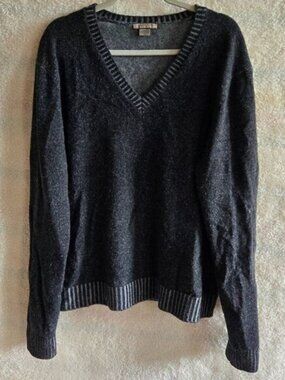 Amicale Wool & Cashmere V-Neck Sweater - Charcoal Gray- Striped Collar and Cuffs